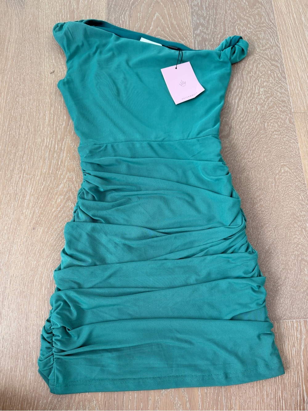 NWT Hello Molly Green One-Shoulder Ruched Mini Dress